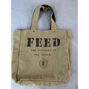 Feed The Children Of The World Burlap Dk Brown Canvas Reversible Pockets Tote
